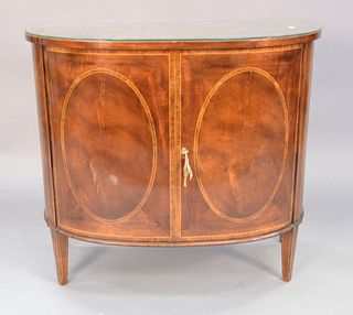 Custom Mahogany demilune cabinet, bowed front and banded inlays with glass top, ht. 34", top: 18 1/2" x 36".