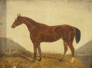 Peter Simple (19th C.), interior barn horse scene, oil on canvas, signed lower right, 12" x 16".