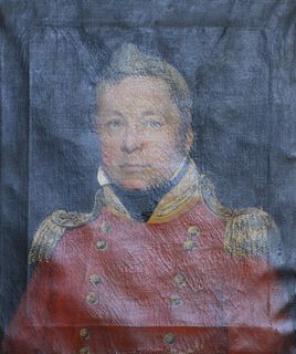 American School (19th Century) portrait, an officer in red military coat, oil on canvas, unsigned, 24" x 20".