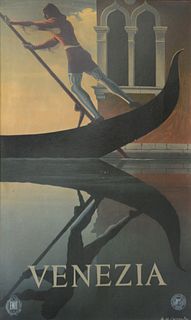 Adolphe Jean-Marie Cassandre (French/American, 1901-1968) Venezia travel poster, reproduction laid on board, 37 1/2" x 22 1/2".