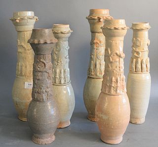 Six Chinese earthenware funerary vases, two with light blue glaze, 15 1/2" x 18".