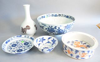 Group of five pieces of Chinese porcelain, painted fish bottle vase; five-claw dragon bowl and three blue and white pieces.