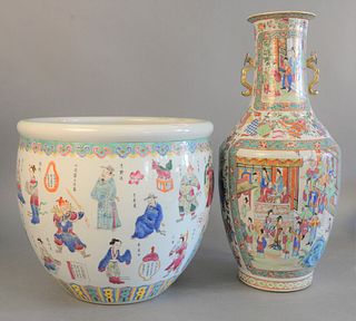 Two large Chinese porcelain pieces, large Rose Medallion porcelain vase with painted courtyard scenes along with a large Famille Rose planter with pai