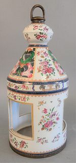 Chinese Export Famille Rose porcelain lantern, having painted enamel flowers, with brass and glass bottom.
