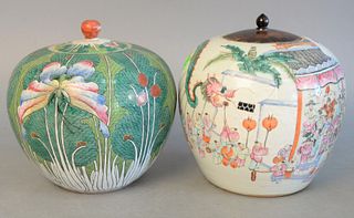 Two Chinese Export porcelain ginger jars, Famille Verte cabbage with butterfly along with Famille Rose dragon parade, ht. 8", dia 8". Provenance: The 