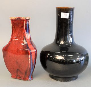 Two Chinese porcelain glazed vases, black globular vase and a flame glazed triangle vase, ht. 15 1/2".