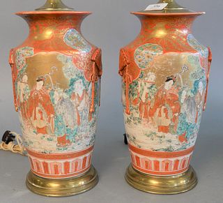 Pair of Japanese porcelain Kutani vases, painted figures in a landscape and molded fans, sold as is, ht. 25", dia. 6". Provenance: Estate of Marilyn W