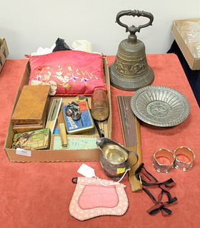 Tray lot of various smalls, Peter, Ann & William Bateman silver creamer along with three silver napkin rings, and etc.