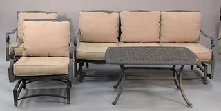 Four piece metal outdoor set, sofa, two chairs along with coffee table, couch - ht. 37", wd. 72-1/2", dp. 25".