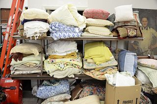 Large group of comforters, duvet covers, quilts, blankets, towels, pillows, etc.
