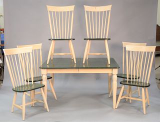 Nine piece group to include contemporary kitchen table set, rectangle table with green top along with six matching chairs, with one leaf along with a 