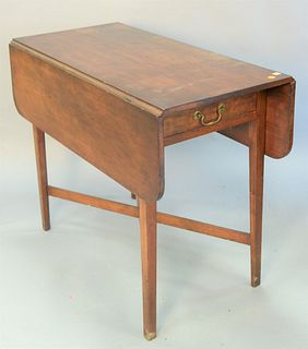 Federal cherry drop-leaf table with stretcher base, ht. 28", wd. 17 1/2", dp. 36" closed. Provenance: Estate of Dr. Thomas & Alice Kugelman, Bloomfiel