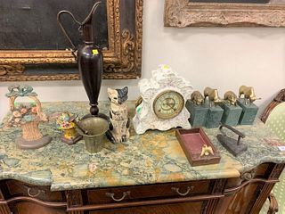 Group of assorted items, bronze bull and bear bookends; cast iron door stop; Maitland Smith Urn; clock; etc.
