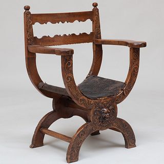 Italian Savanarola Style Carved Fruitwood and Leather Armchair