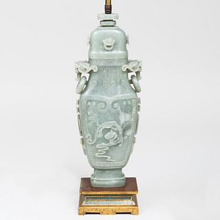 Chinese Hardstone Archaistic Vase and Cover Mounted as a Lamp