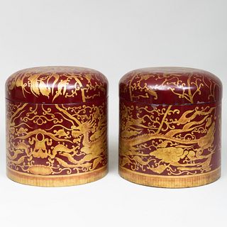 Pair of Vietnamese for Maitland-Smith Gilt-Decorated Scarlet Lacquer Cylindrical Hat Boxes