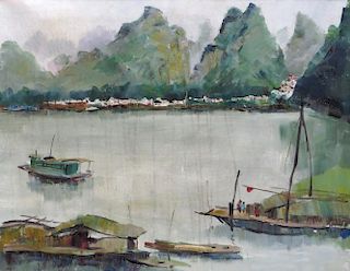 Oil On Canvas Of Harbor Scene