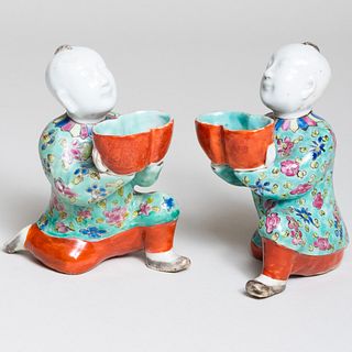 Pair of Chinese Export Porcelain Figures of Kneeling Boys