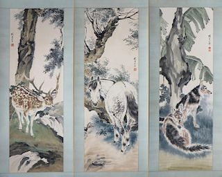 Three Watercolors Depicting A Wolf, Deer, & Horse