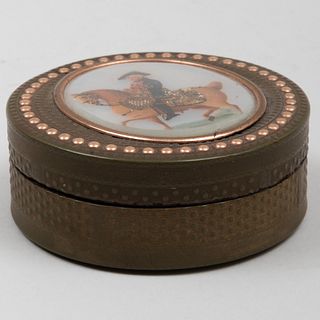 Continental Green Lacquer Circular Box Inset with Painted Mother-of-Pearl Plaque