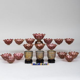 Group of Chinese Enamel Lotus Form Bowls and Teacups
