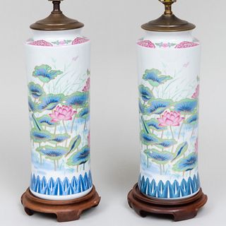 Pair of  Chinese Porcelain Beaker Vases Mounted as Lamps