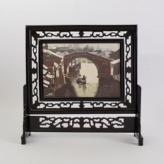 Chinese Hardwood and Needlework Table Screen