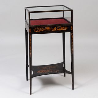 George III Style Black and Gilt-Japanned Display Cabinet on Stand