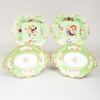 Two Pairs of English Green Ground Porcelain Serving Dishes