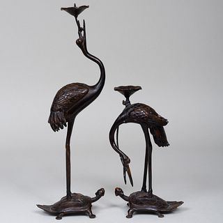 Pair of Japanese Bronze Crane and Turtle Form Pricket Sticks