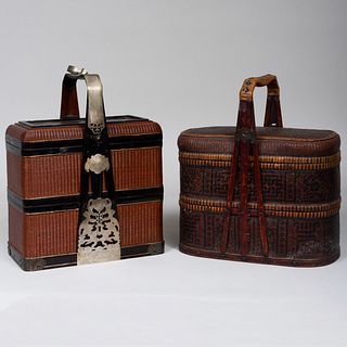 Two Chinese Double Compartment Wicker Baskets