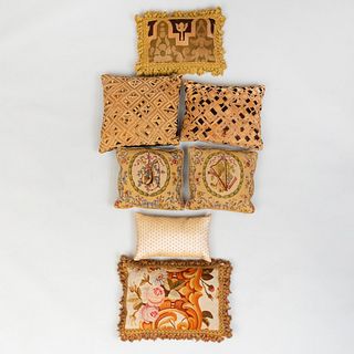 Group of Needlework, Carpet Fragment and Barkcloth Pillows