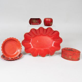 Group of Red Papier MÃ¢chÃ© and TÃ´le Table Articles
