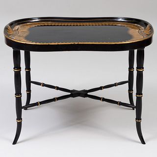 Victorian Black and Gilt Decorated TÃ´le Tray on Later Stand