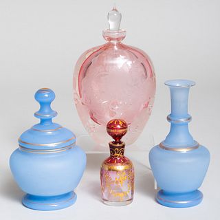 Group of Colored Glass Scent Bottles and Table Articles