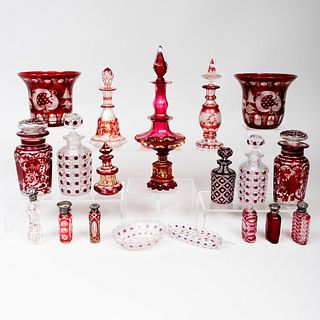 Large Group of Red Glass Decorated Scent Bottles and Table Articles