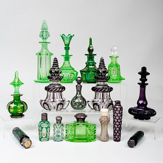 Group of Green and Aubergine Gilt-Decorated and Glass Overlay Glass Scent Bottles