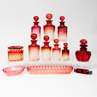 Group of French Amberina Pressed Glass Scent Bottles and Table Articles