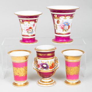 Group of Five English Claret Ground Porcelain Vases