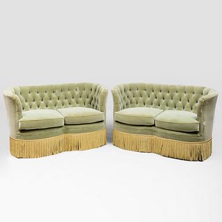 Pair of Green Velvet Tufted Upholstered Two Seat Sofas