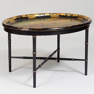 Victorian Clay, London Black Painted and Parcel-Gilt Papier MachÃ© Oval Tray