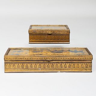 Two Gilt-Metal Table Boxes with Chain Work