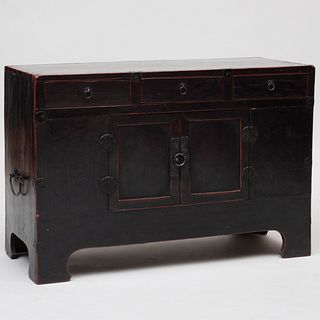 Korean Metal-Mounted Ebonized Low Chest with Red Trim