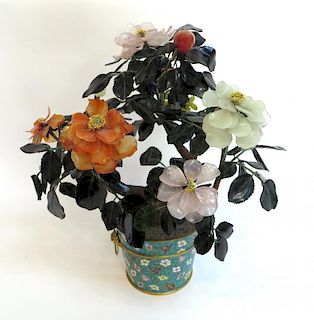 Jade And Hard Stone Flowers In A Cloisonne Pot
