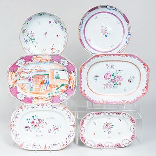 Group of Four Chinese Export Famille Rose Platters and Two Saucer Dishes