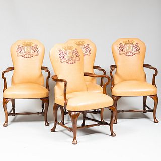 Set of Four George I Style Leather-Upholstered Mahogany Armchairs, of Recent Manufacture