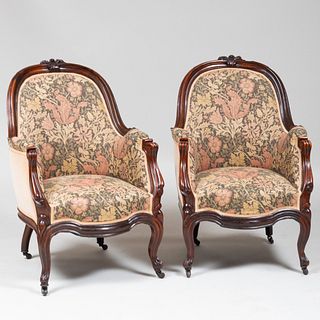 Pair of Victorian Rococo Revival Carved Rosewood BergÃ¨res
