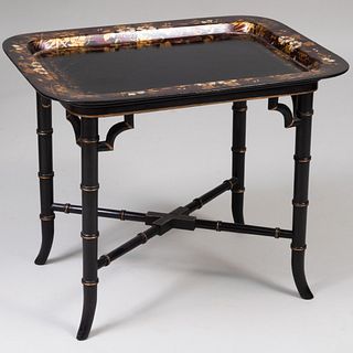 Victorian Black Painted and Parcel-Gilt Papier MachÃ© Tray on Later Stand