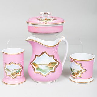 Set of Four English Ironstone Pink Ground Toilette Articles