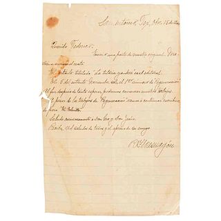 Flores Magón, Ricardo. Carta Dirigida a Federico Pérez Fernández. San Antonio, Tex., 15 de Octubre 1904. 1 h. 22.5 x 15cm. Firmada.